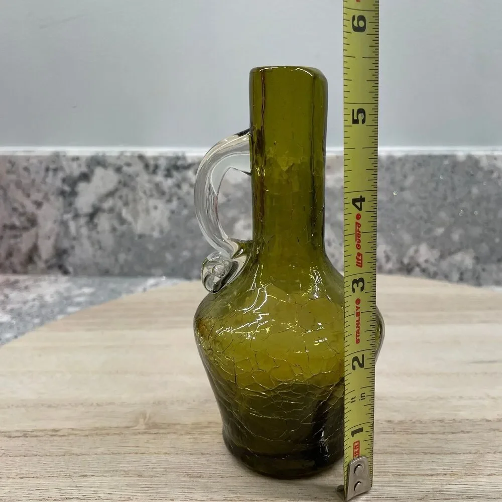Vintage Pilgrim Olive Green Crackle Glass Mini Pitcher MCM Hand Blown 5.25